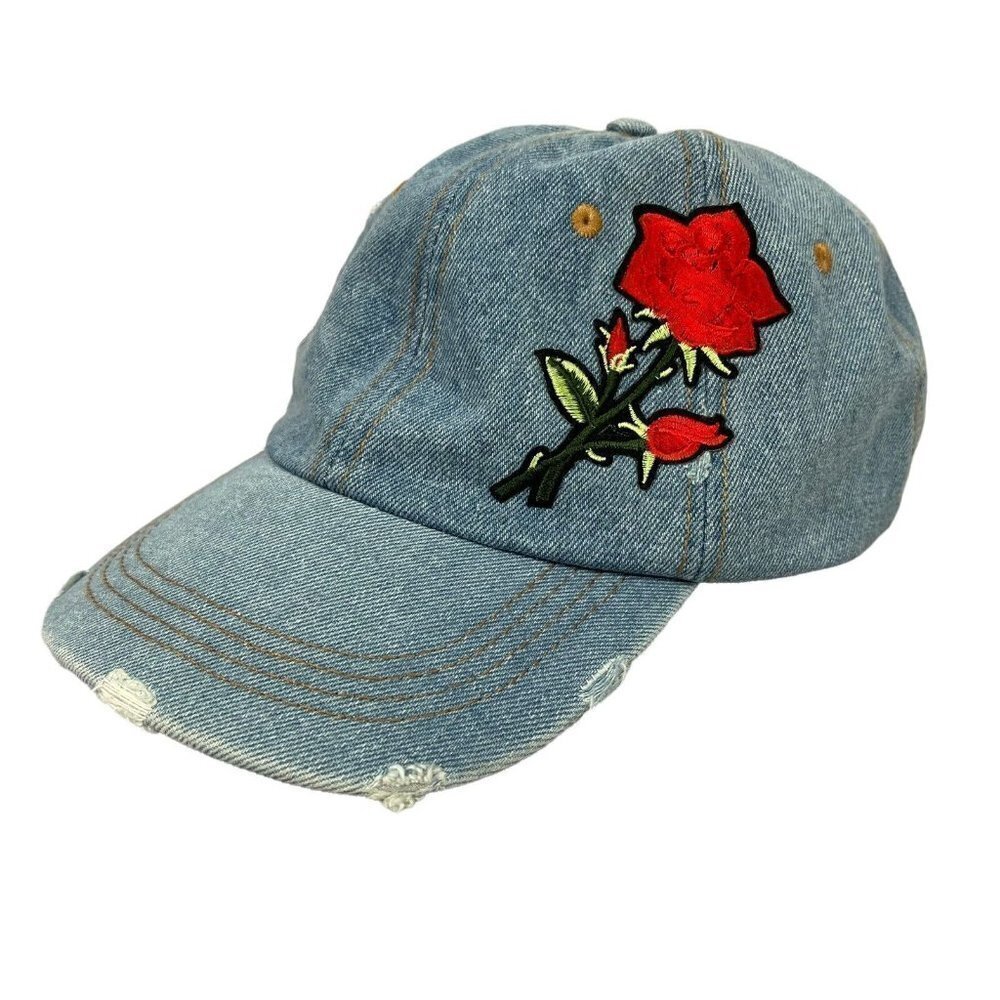 David and Young Womens Distressed Denim Hat Embroidered Rose Adjustable OSFM